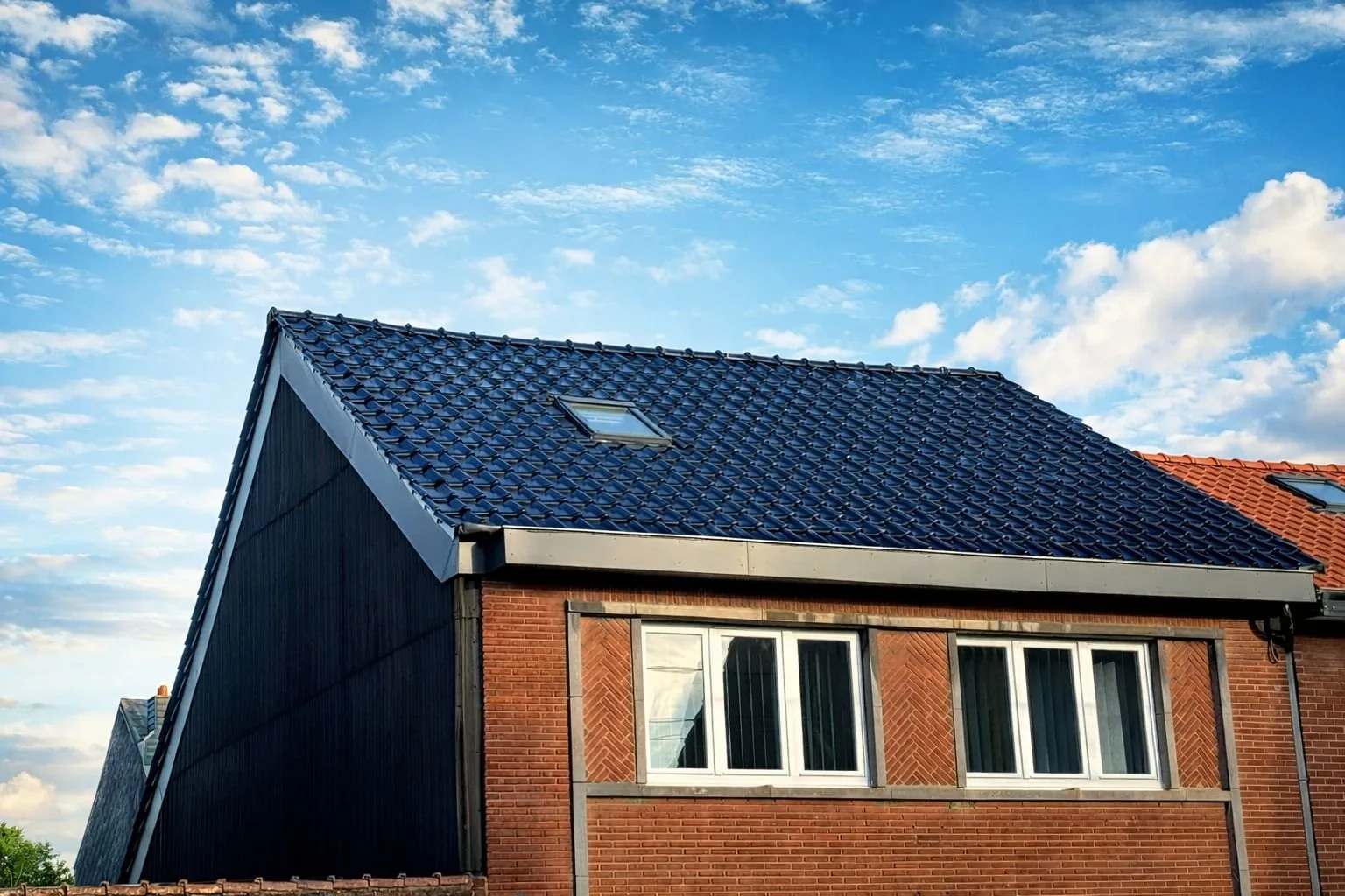 Maison avec toiture bleu-gris rénovée et façade en briques rouges